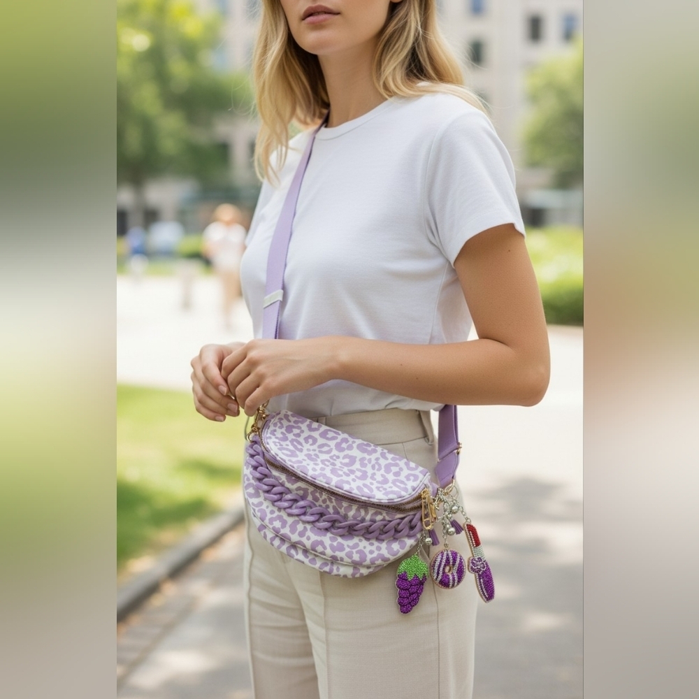 Bum Bag Bundle Deal | Leopard Nylon Crossbody +  Acrylic Chain & 3 Bag Charms - Picture 4 of 4